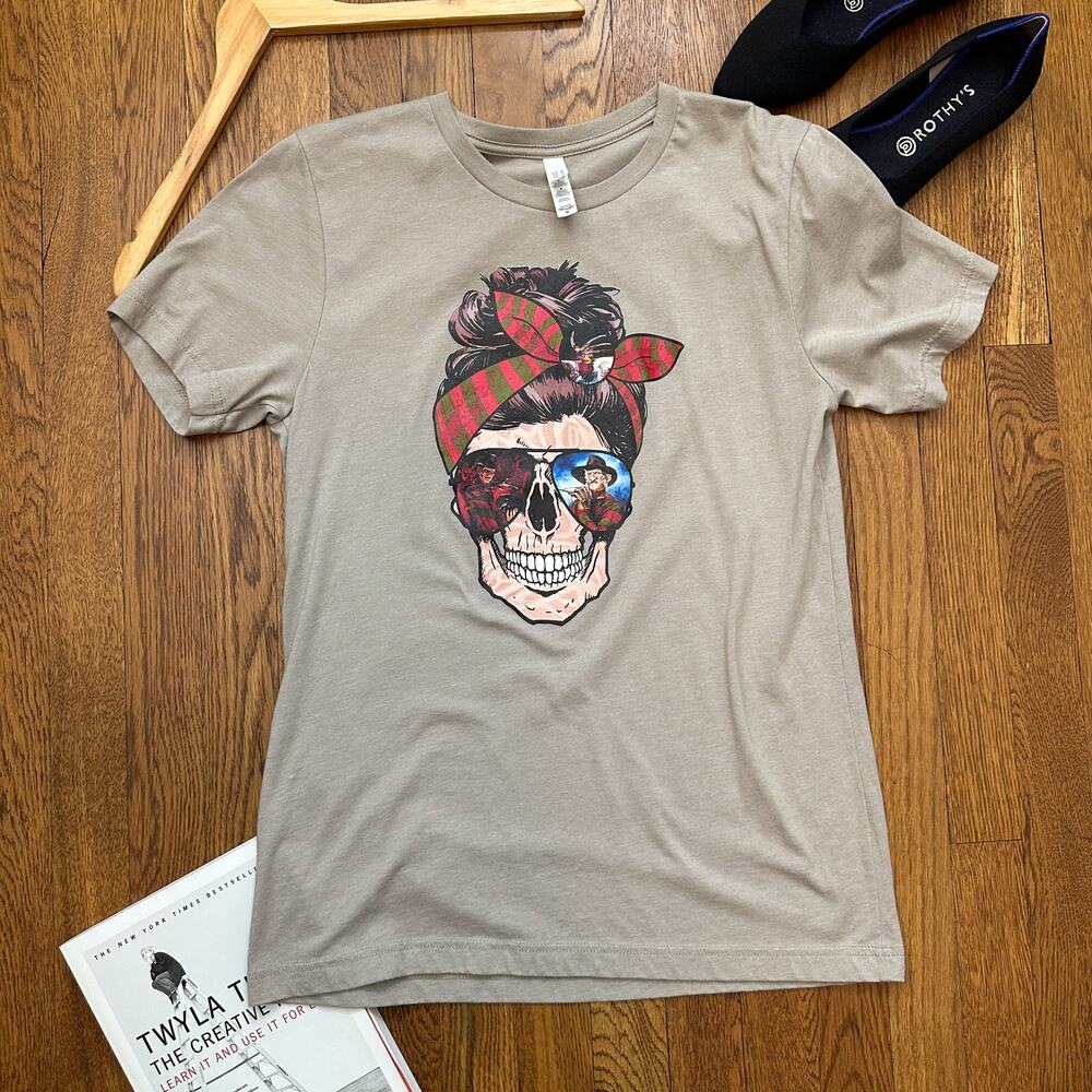 Freddy Kruger in a Skull Graphic Print Tan T-Shirt